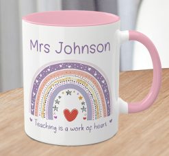 Personalised Rainbow Teacher Mug – Teaching Is a Work of Heart