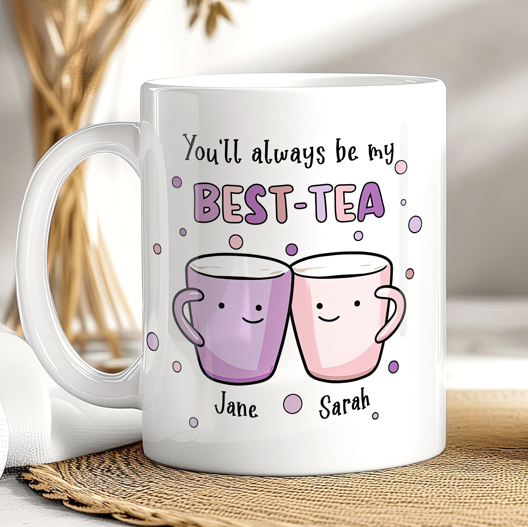 Personalised Cartoon Best-Tea Mug – Pink & Purple Friendship Gift