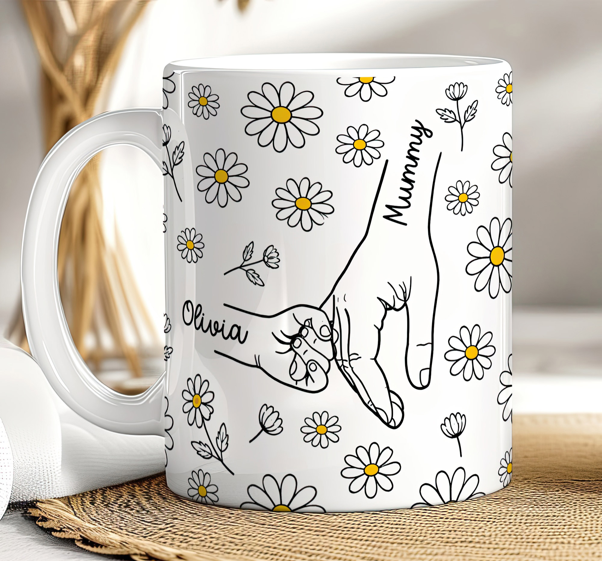 Personalised Mummy & Kids Holding Hands Daisy Mug