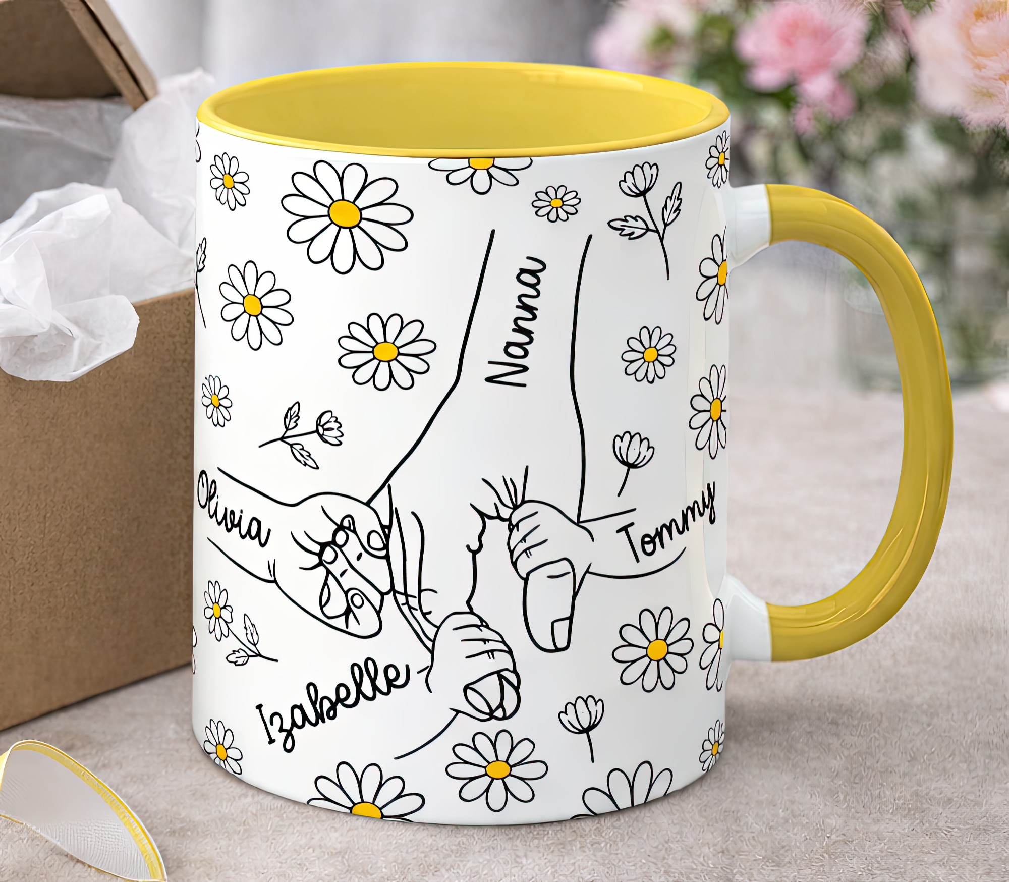 Personalised Mummy & Kids Holding Hands Daisy Mug - Image 2