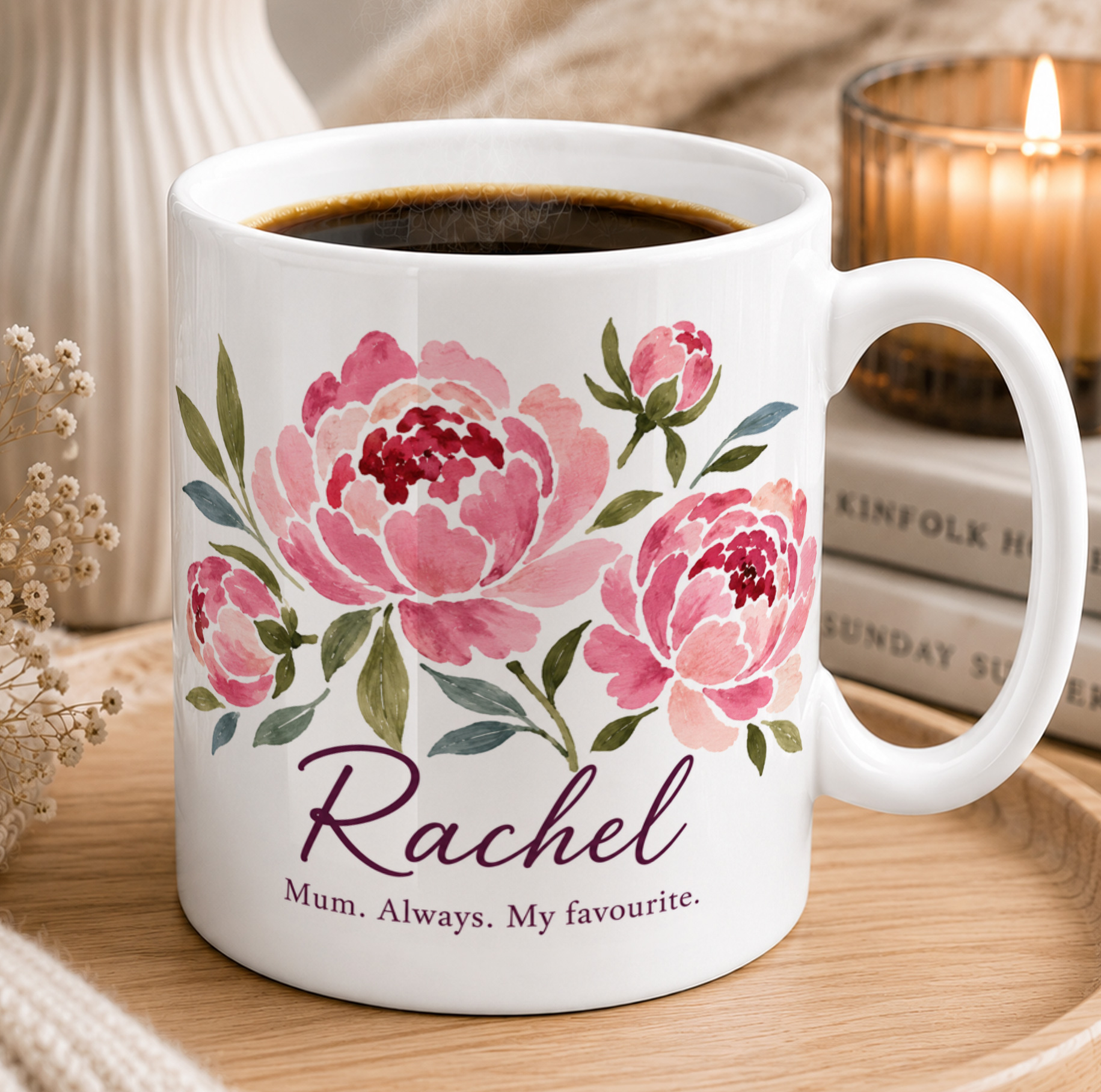 Personalised Floral Mum Mug – Custom Peony Name Gift for Mum