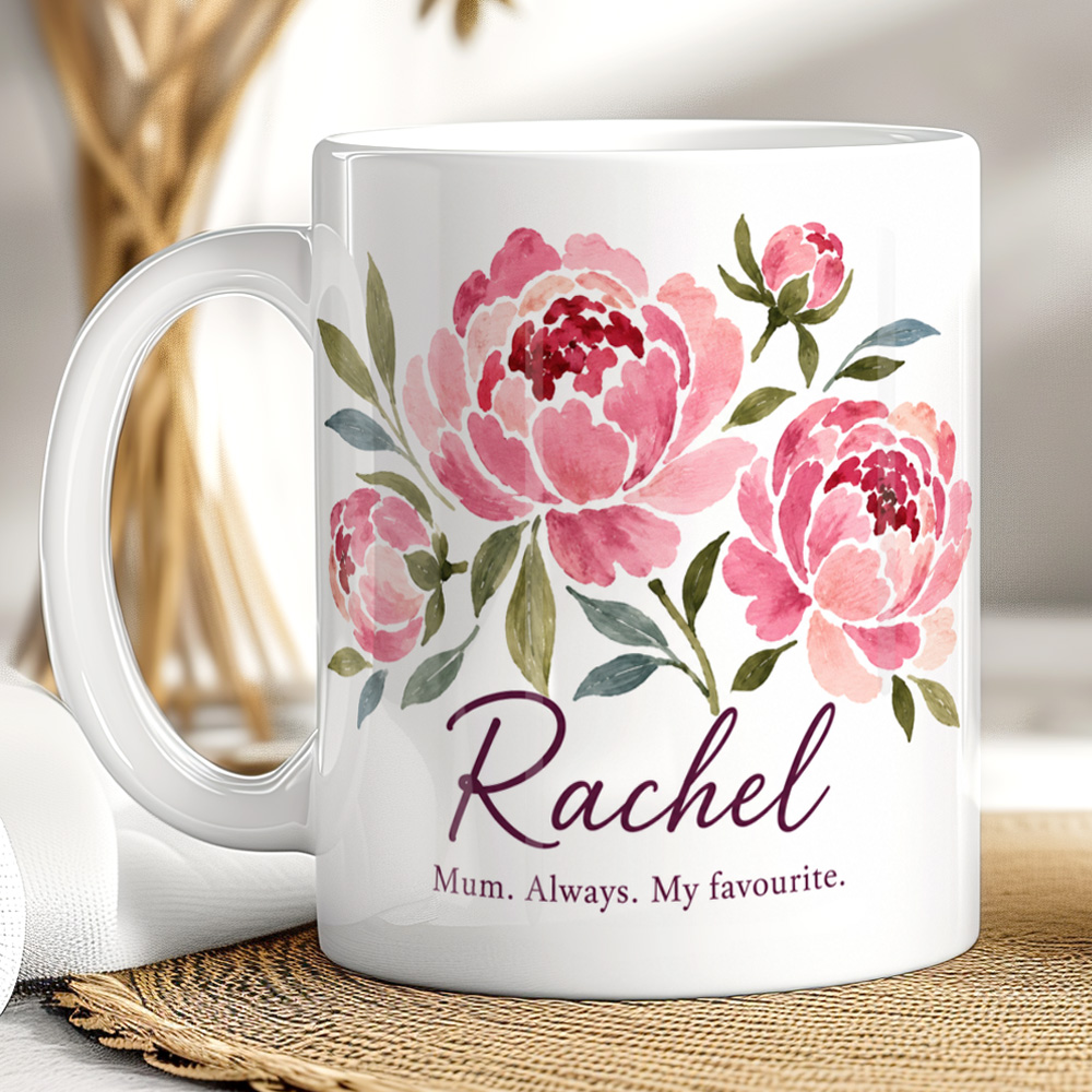 Personalised Floral Mum Mug – Custom Peony Name Gift for Mum