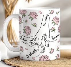 Personalised Mum Hand Holding Mug – Custom Family Names Gift