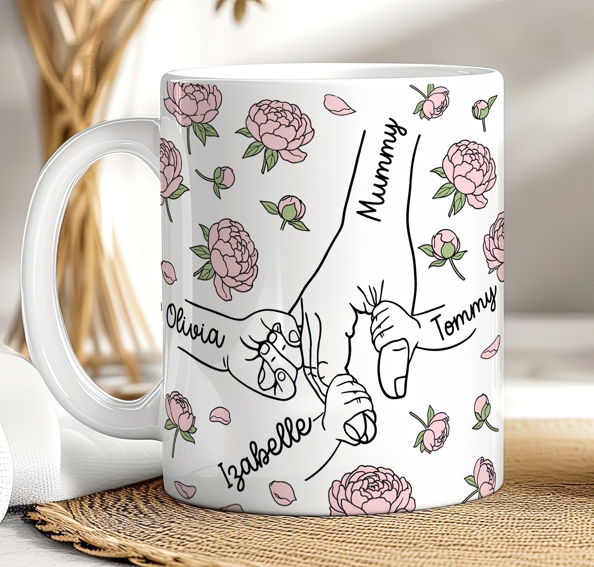Personalised Mum Hand Holding Mug – Custom Family Names Gift
