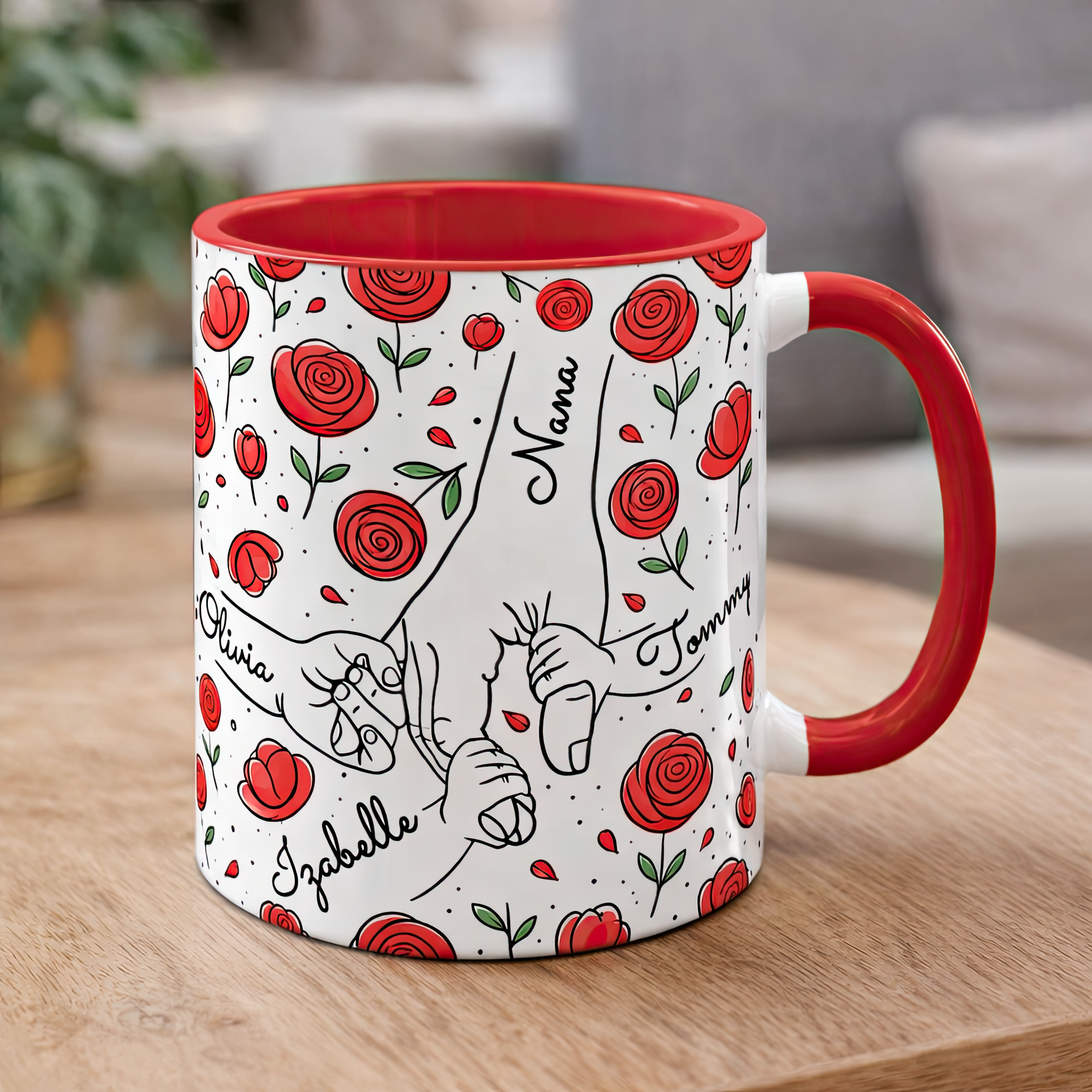 Personalised Family Hands Rose Mug – Custom Names Gift for Mum
