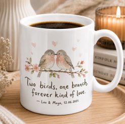 Personalised Love Birds Mug – Custom Couple Gift with Names & Date