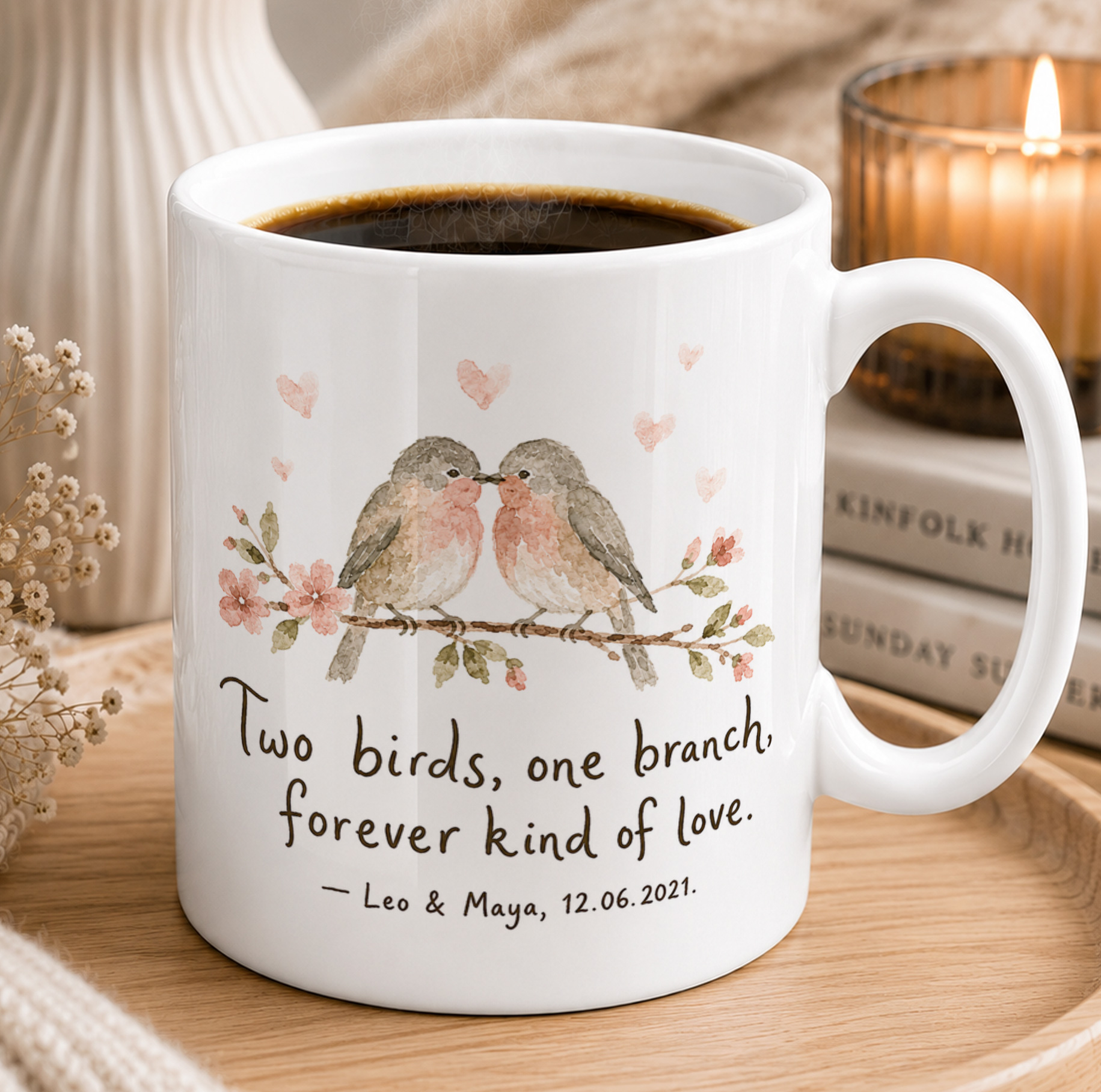 Personalised Love Birds Mug – Custom Couple Gift with Names & Date